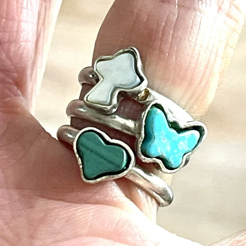 Turquoise Ring Lot 1960s MCM Mushroom Butterfly 5.5 Stackable VTG Sterling
